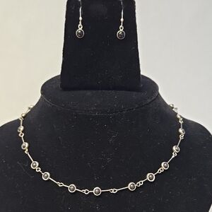 Silvertone And Black Beaded Necklace And Earrings Set